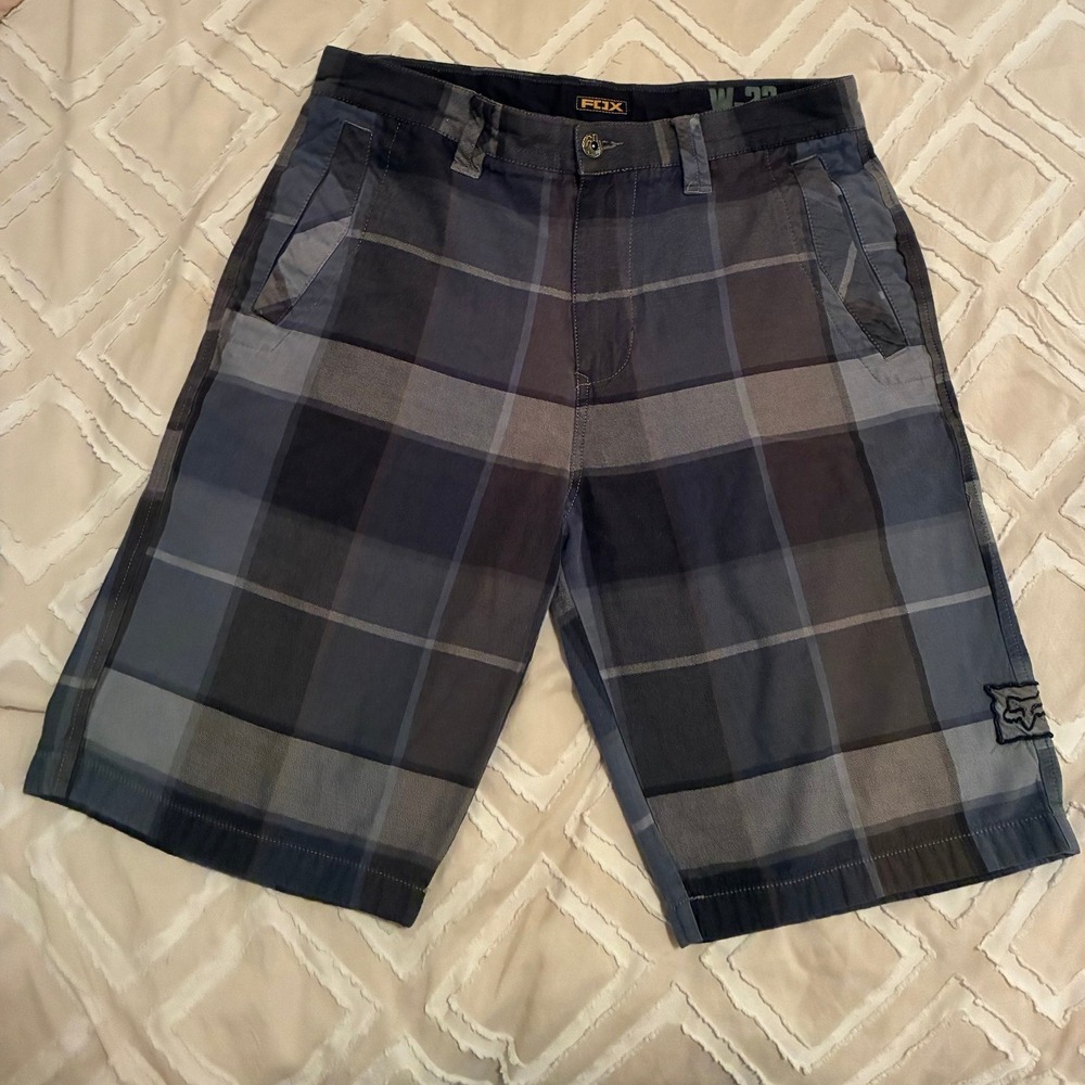 Fox Racing Mens Blue Black Striped Denim Shorts Moto Casual Skate Size 32 Cotton